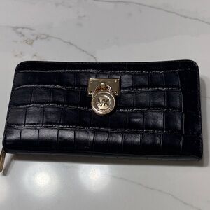 Michael Kors Black Croc-Embossed Wallet with Gold Hardware